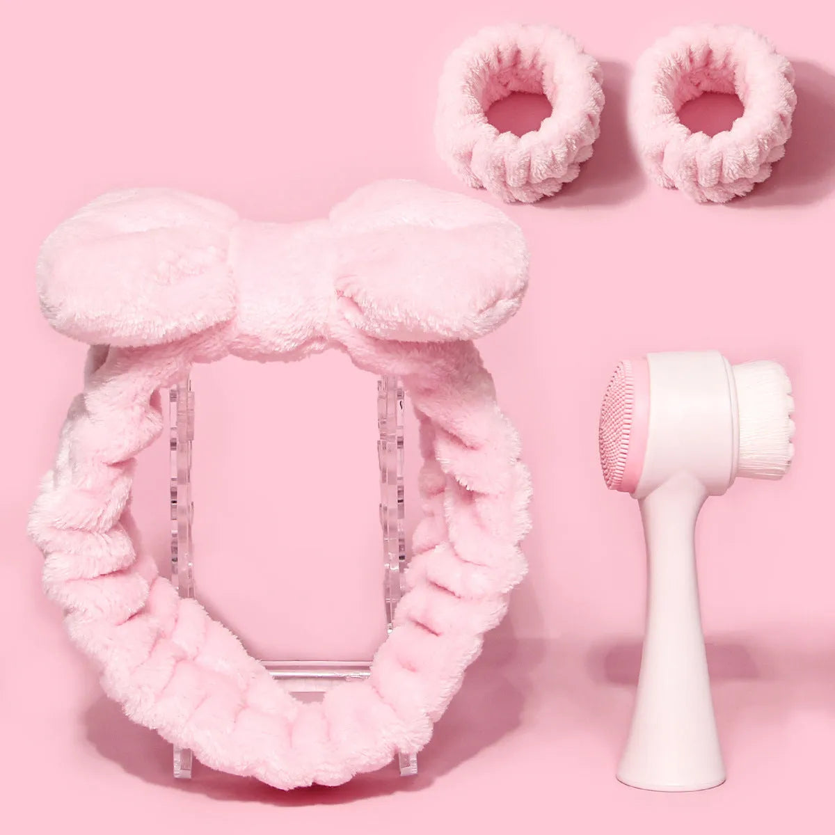 Facial brush set with coral fleece hair band and nylon bristles in multiple colour options