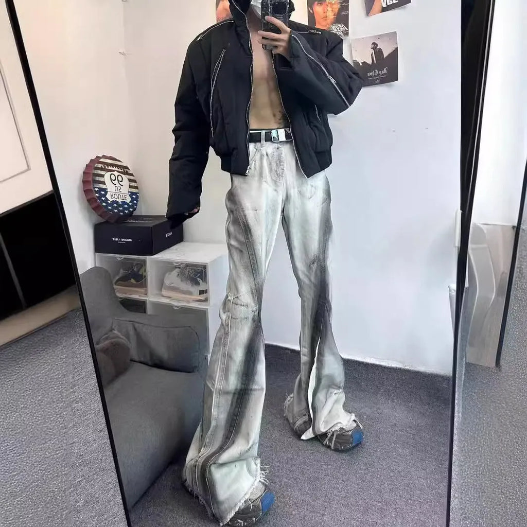 White retro jeans with black ribbon gradient detail and rough selvedge styling on mid-waist denim trousers
