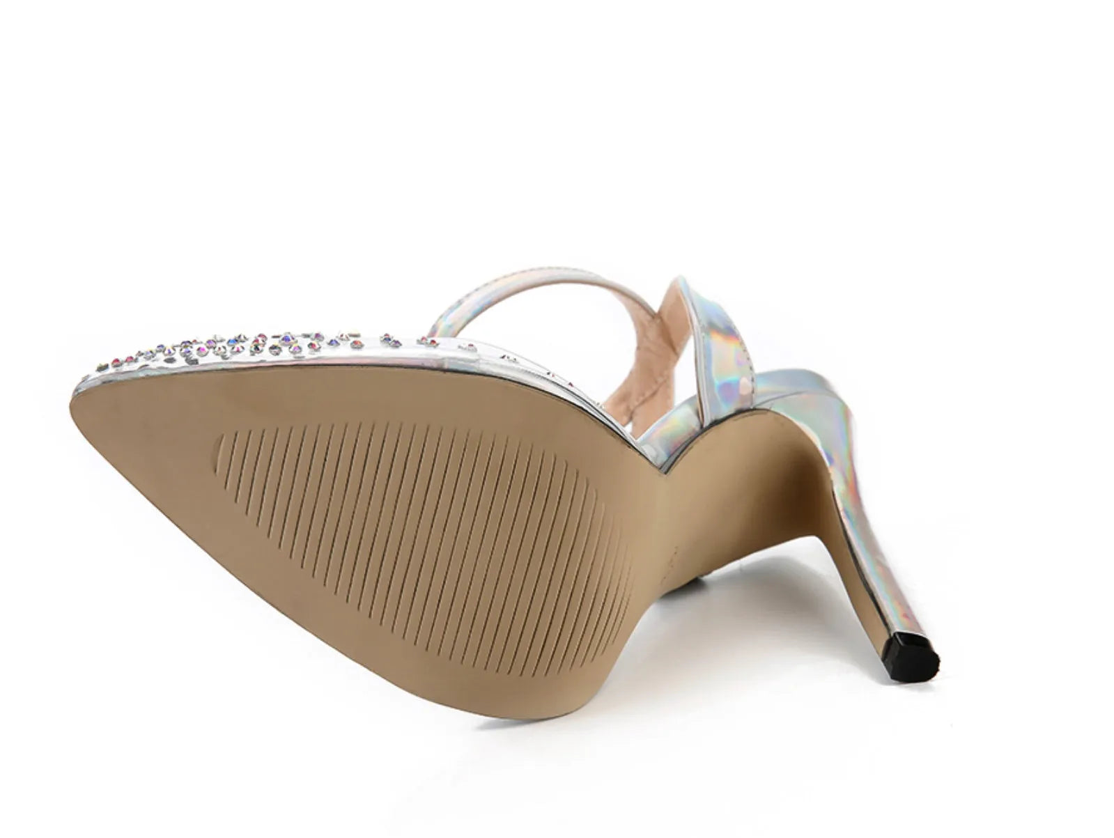 Women's pointed toe sandals with stiletto heel and diamond decoration on PVC upper
