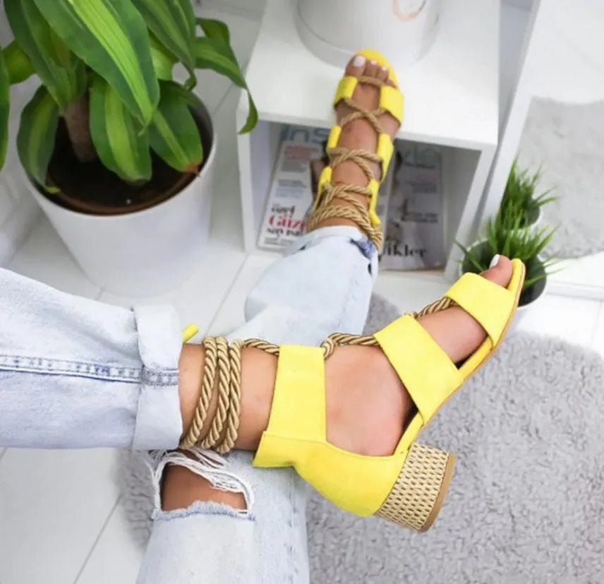 Women's beige suede thick-heeled sandals with front strap and ankle strap