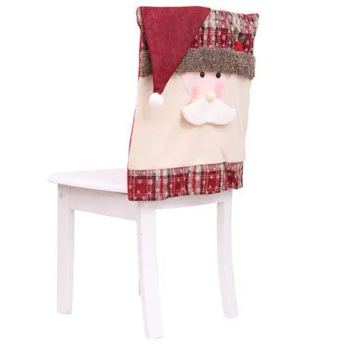 Set of red and white Christmas chair covers featuring Santa Claus, Snowman, and Santa hat designs on dining chairs.