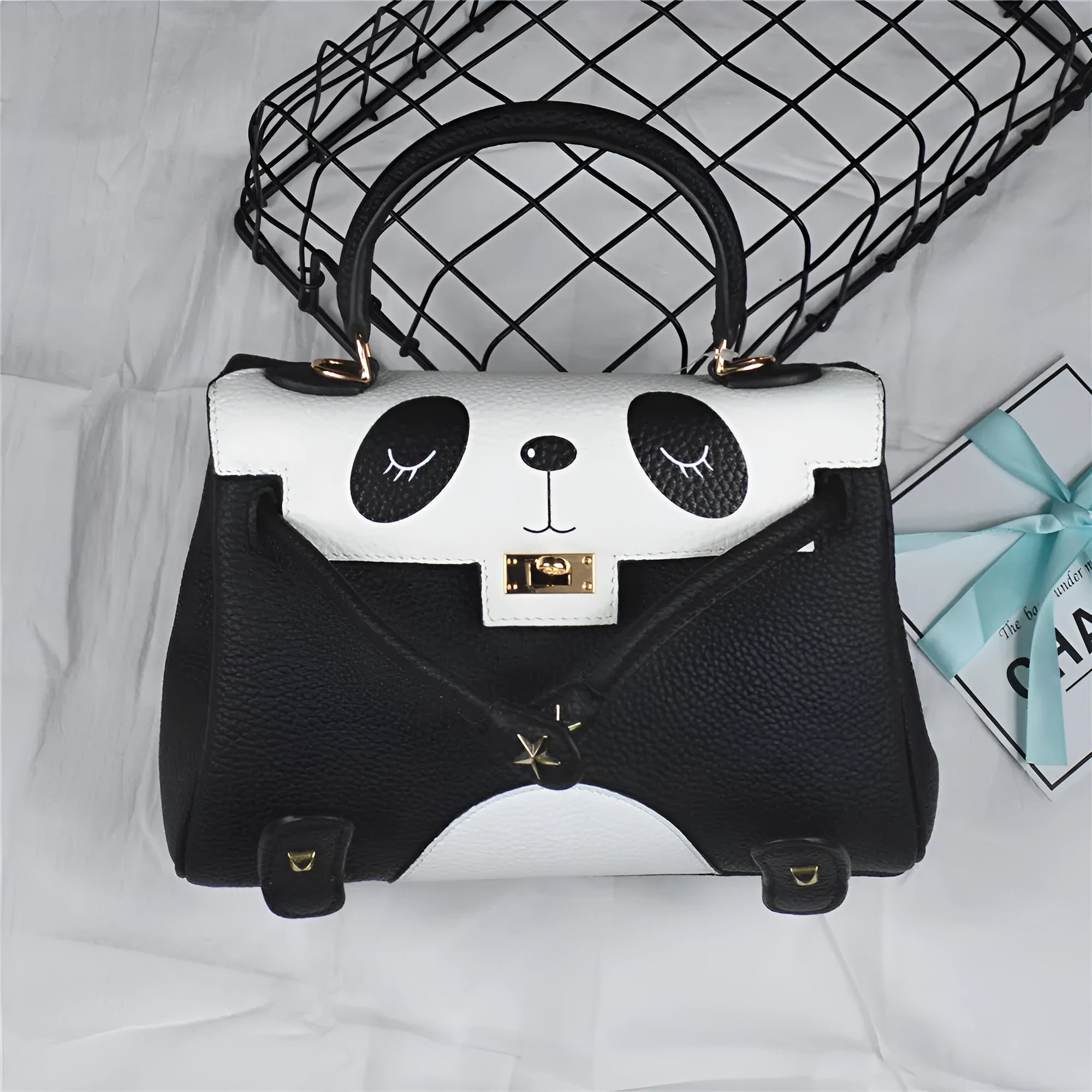 Panda print cow leather handbag in horizontal square shape with sweet lady style