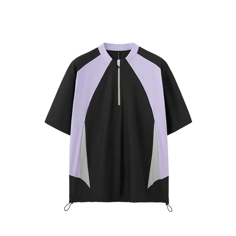 Men's lightweight solid colour polyester top with stitching detail, shown in black and beige with long and short sleeve options.