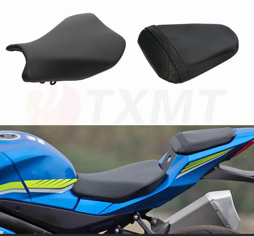 Suzuki GSXR1000 motorcycle with black PU seat covers fitted on front and rear seats.