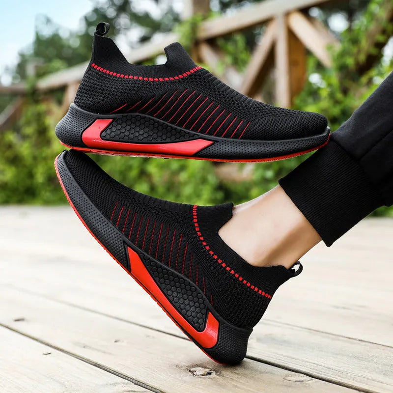 Men's mesh slip-on sneakers with striped design and flyknit upper in three colour options