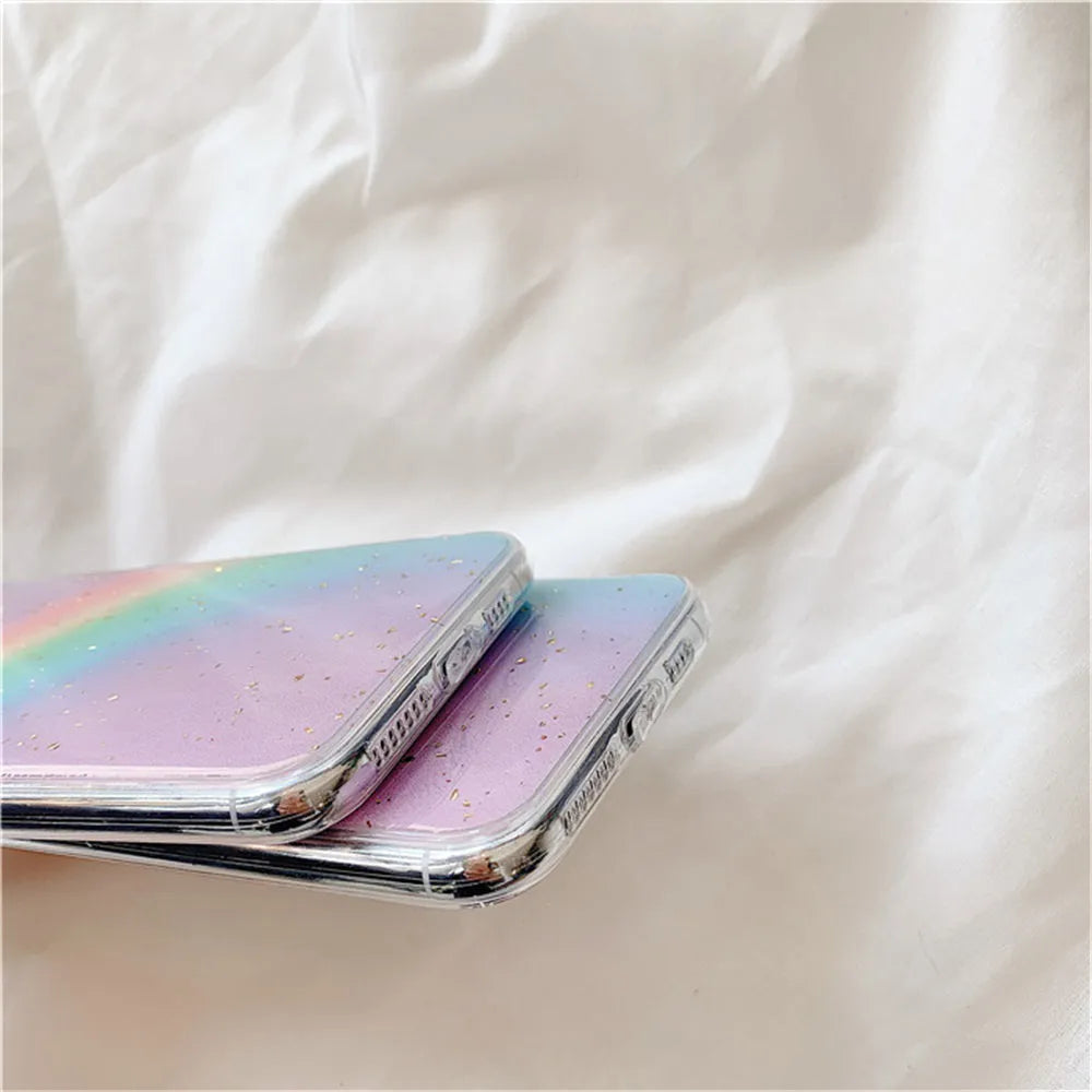 Rainbow gradient TPU iPhone case with striped design on iPhone