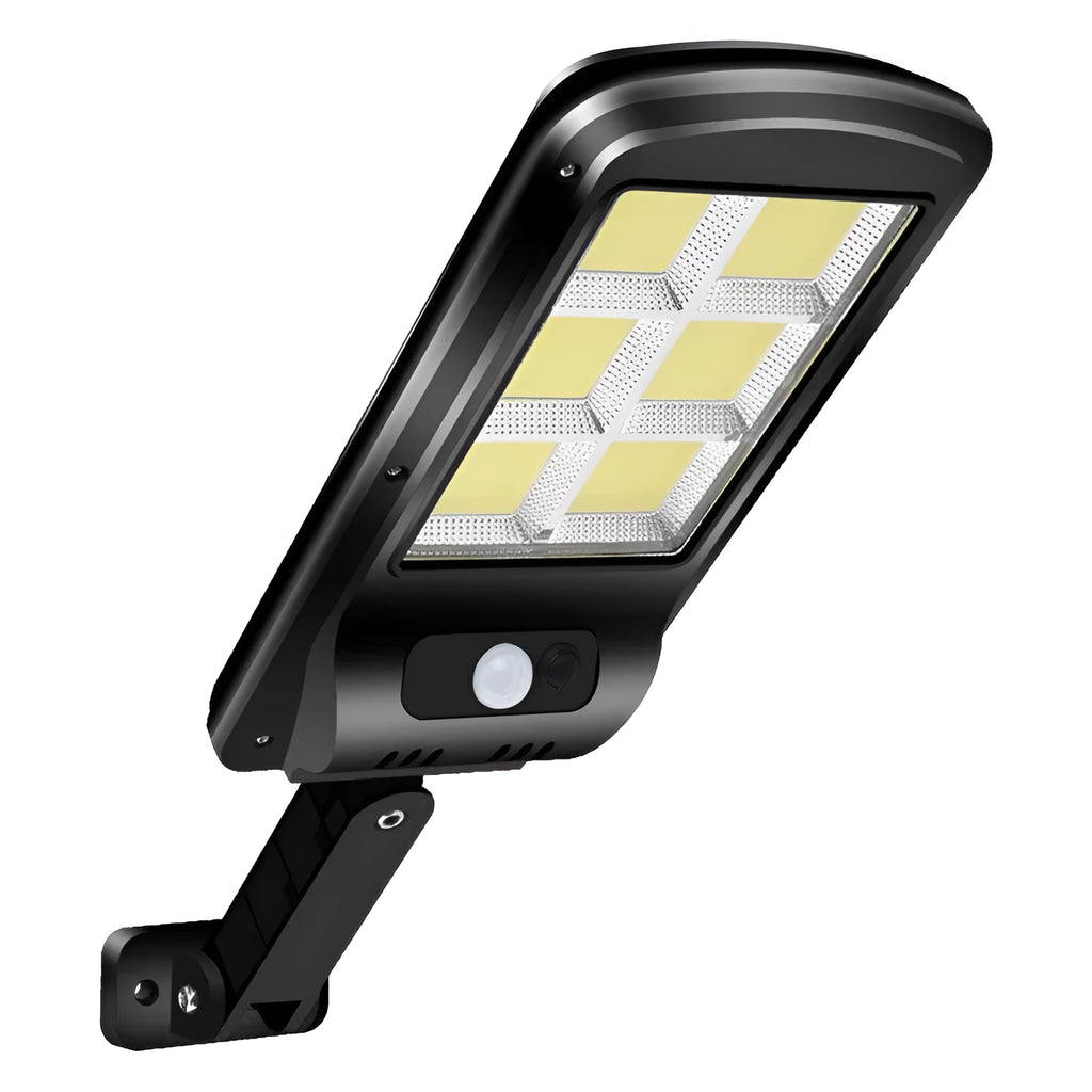 Black solar motion sensor light for outdoor garden and security lighting with PIR detection