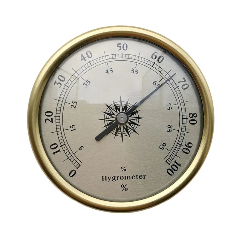 Aluminium analogue thermometer and hygrometer with circular dial for temperature and humidity