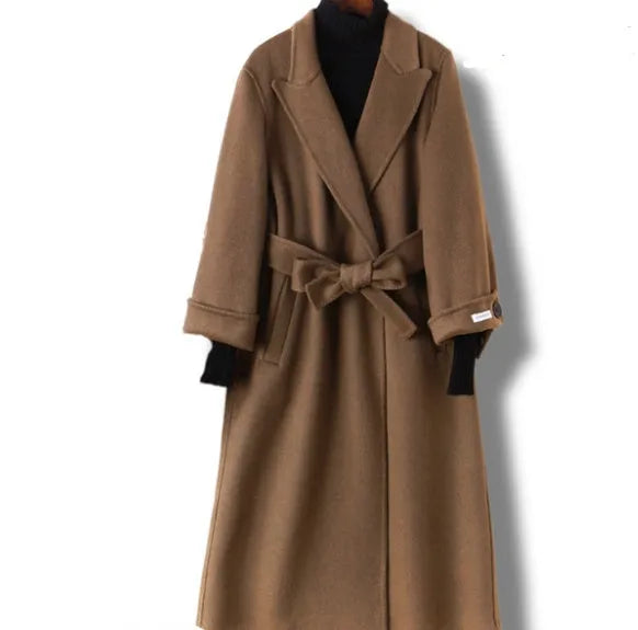 Long men's wool coat with a suit collar in black and caramel colour options.