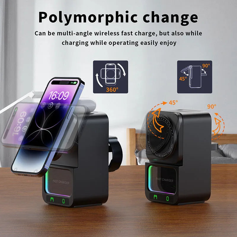Black and white 5-in-1 Bluetooth speaker wireless charger with QC3.0 fast charging and magnetic support