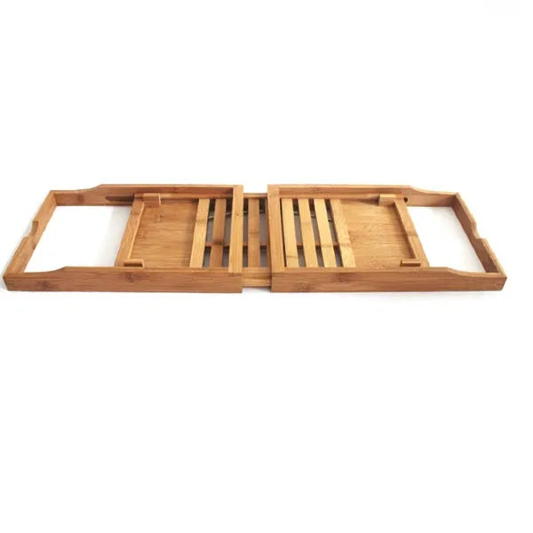 Bamboo bathtub frame desktop organiser for bathroom storage with single-tier shelving