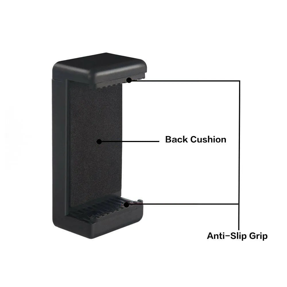 Black plastic phone holder with a rotating clamp on a flat surface.