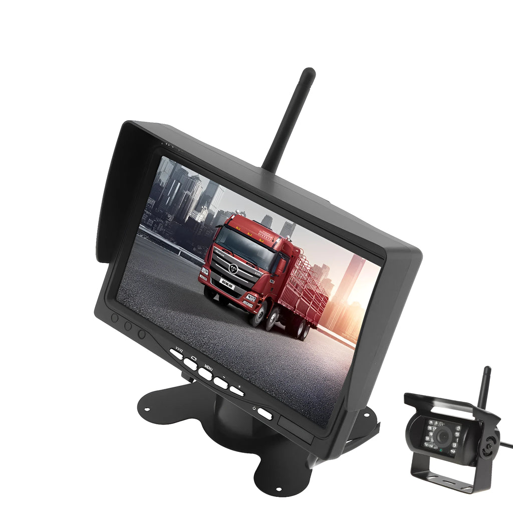 7 inch wireless reversing monitor with four cameras, 16:9 TFT LCD, black plastic housing 175 x 115 x 20 mm