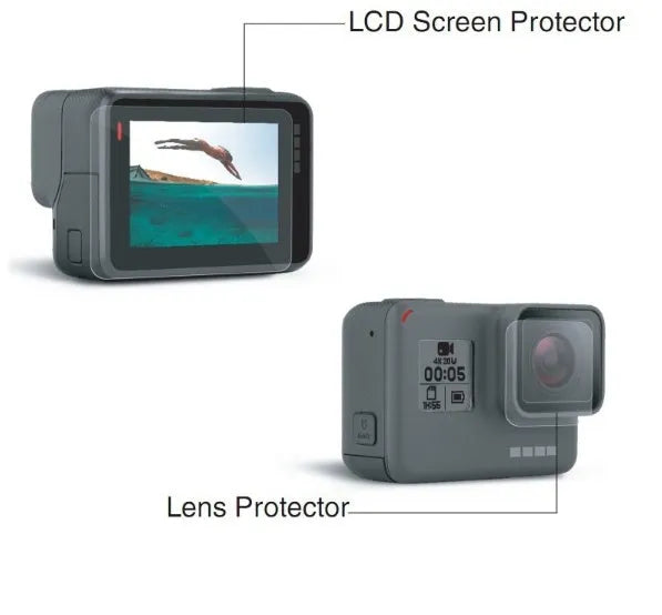 Transparent 9H tempered glass screen and lens protector films for GoPro Hero 5, 6, 7 cameras.
