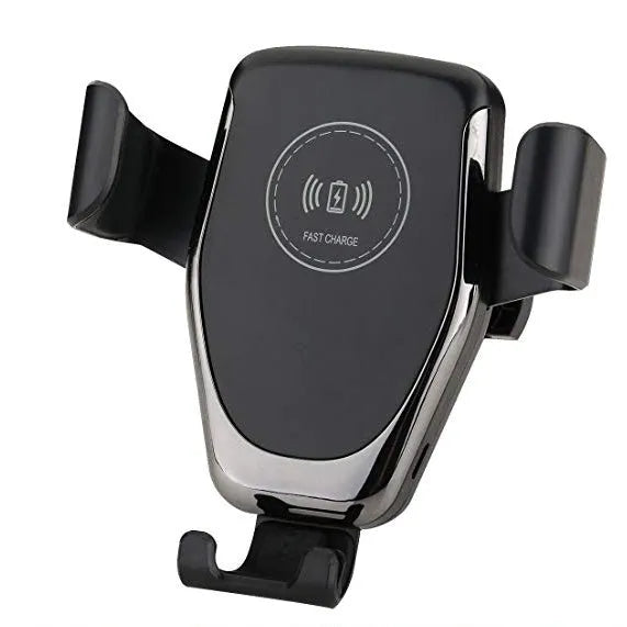 Black wireless car charger with automatic clamp mounted on vehicle vent holding Apple iPhone