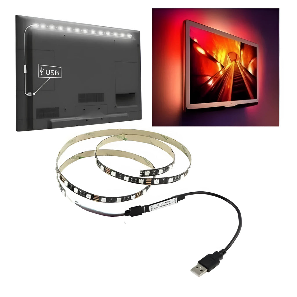 One-metre long flexible USB LED light strip showing SMD5050 LEDs, with a white USB connection cable.
