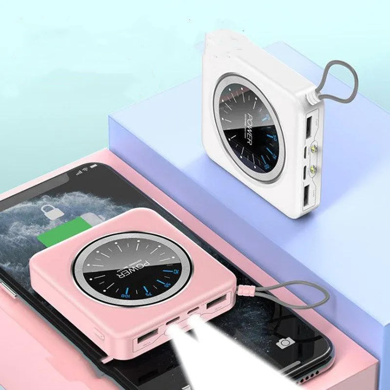 Mini alloy power bank in mint green, pink, or white showing multi USB ports and compact size.
