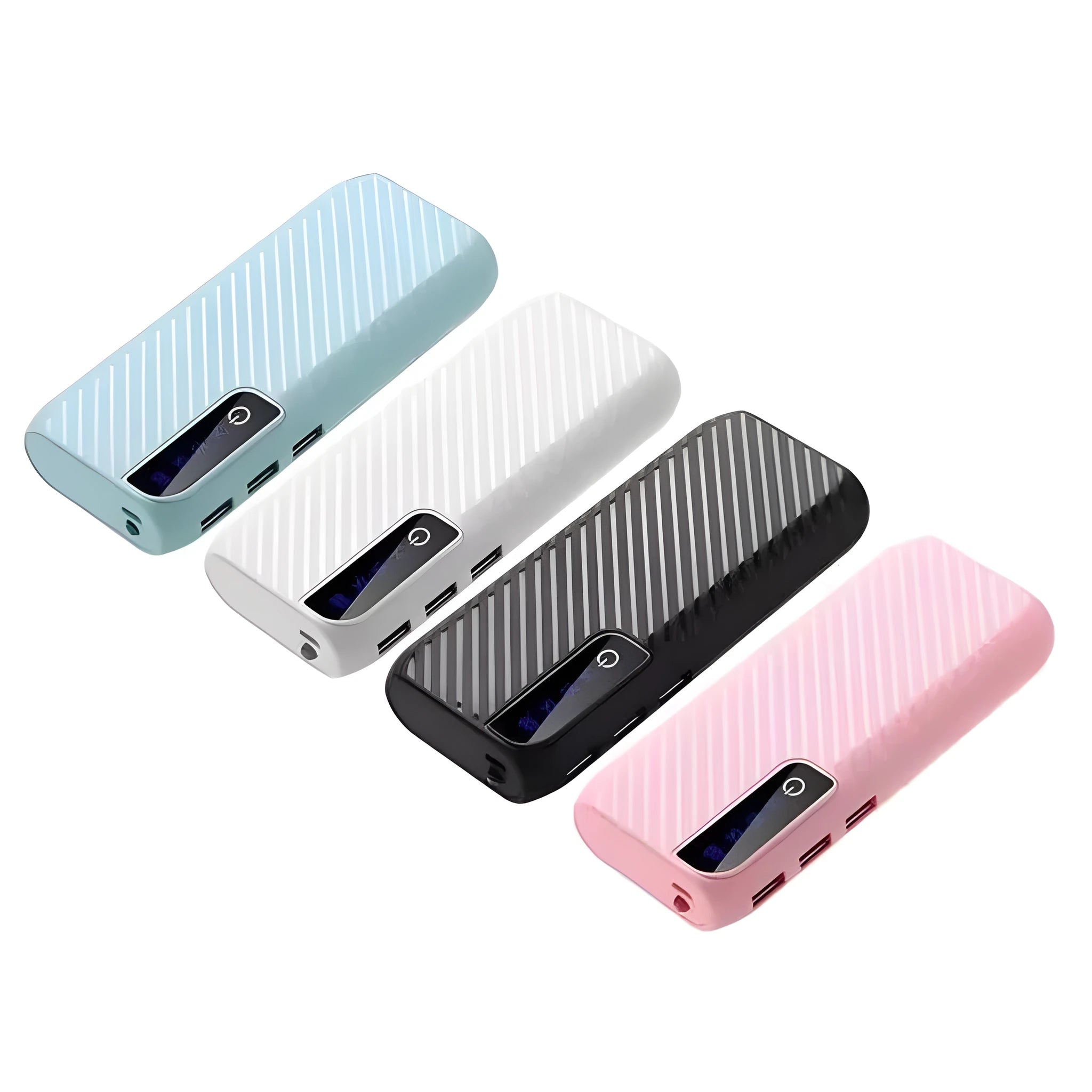 Black 20000mAh portable mini power bank showing dual USB output ports and compact size.