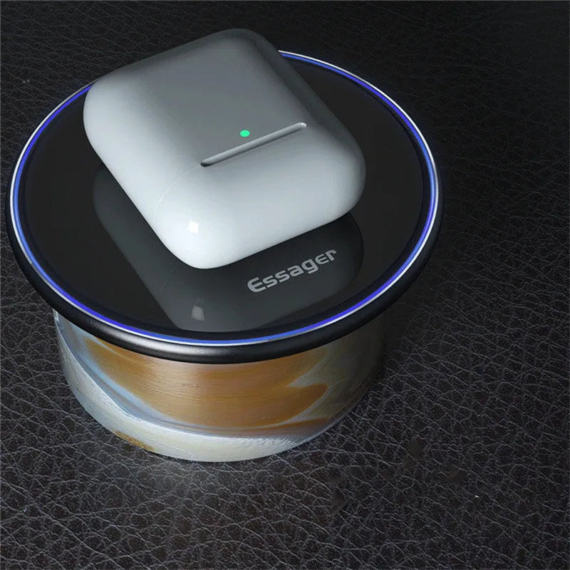 Black 15W fast wireless charging pad with anti-slip surface and LED light, measuring 10.1cm by 7cm
