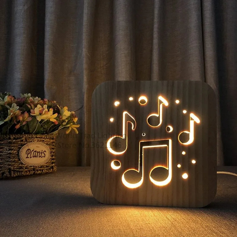 Wooden square LED atmosphere lamp with warm white 3D lighting and USB cable