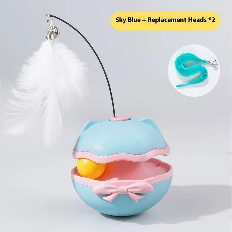 Electric tumbler-style cat teaser stick in lemon yellow, rolling on a floor.