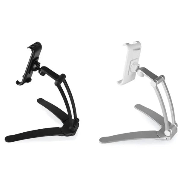 Silver aluminium alloy desktop stand holding a tablet, showing its adjustable clip and mounting base.
