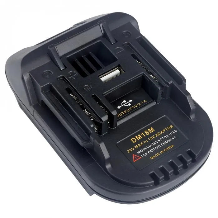 Black battery adapter converting Milwaukee DM18M to Makita H99F power tool batteries