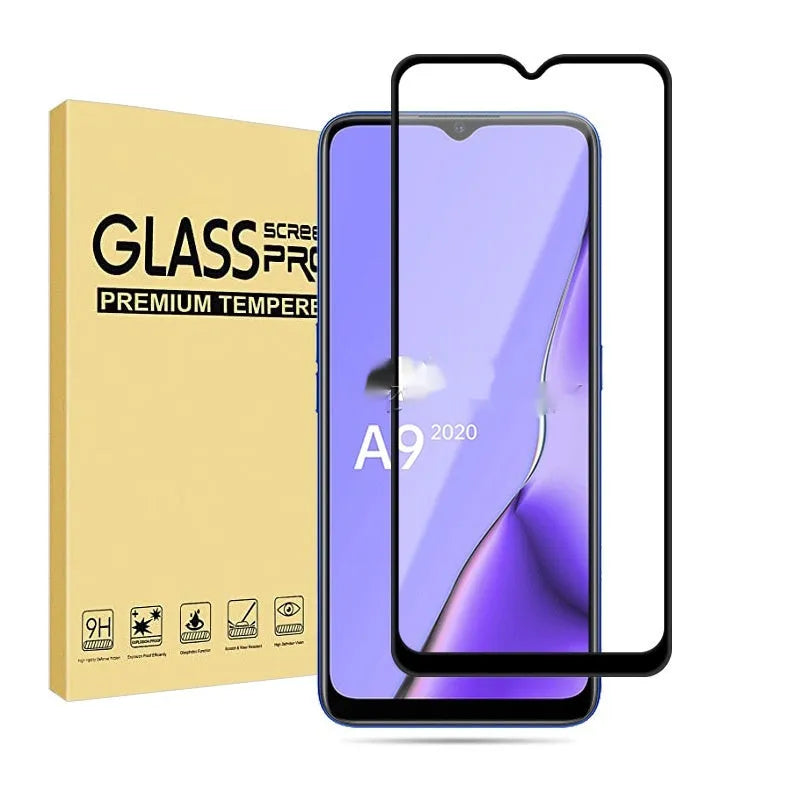 OPPO A9 2020 tempered glass screen protector showing full screen coverage with anti-fingerprint finish