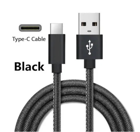 Close-up of a denim-braided USB-C cable with aluminium connectors in choice of colours.