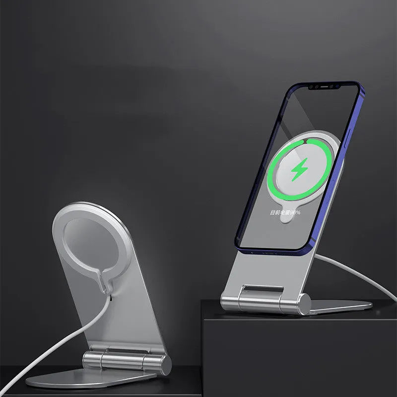 Silver vertical adjustable magnetic bracket for iPhone 12 mounted on dashboard