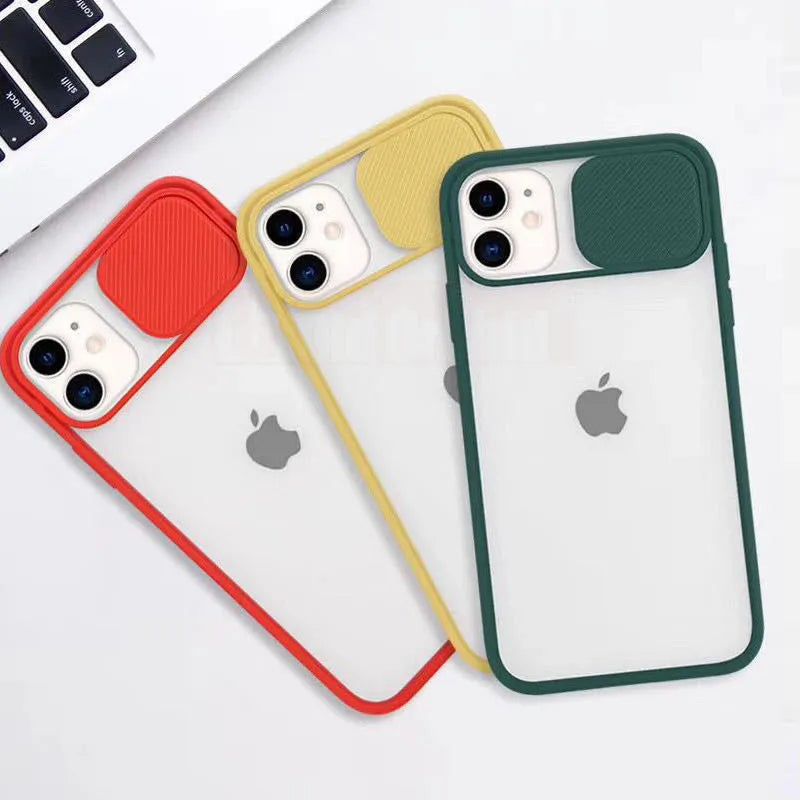 Silicone iPhone case with frosted frame around camera lens in solid colour options like black, blue, pink, and yellow.