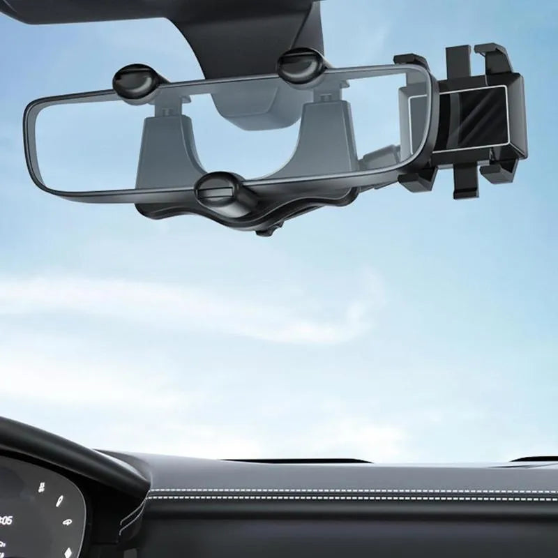 Black rearview mirror phone holder with 360 degree rotation and retractable arm for car mounting
