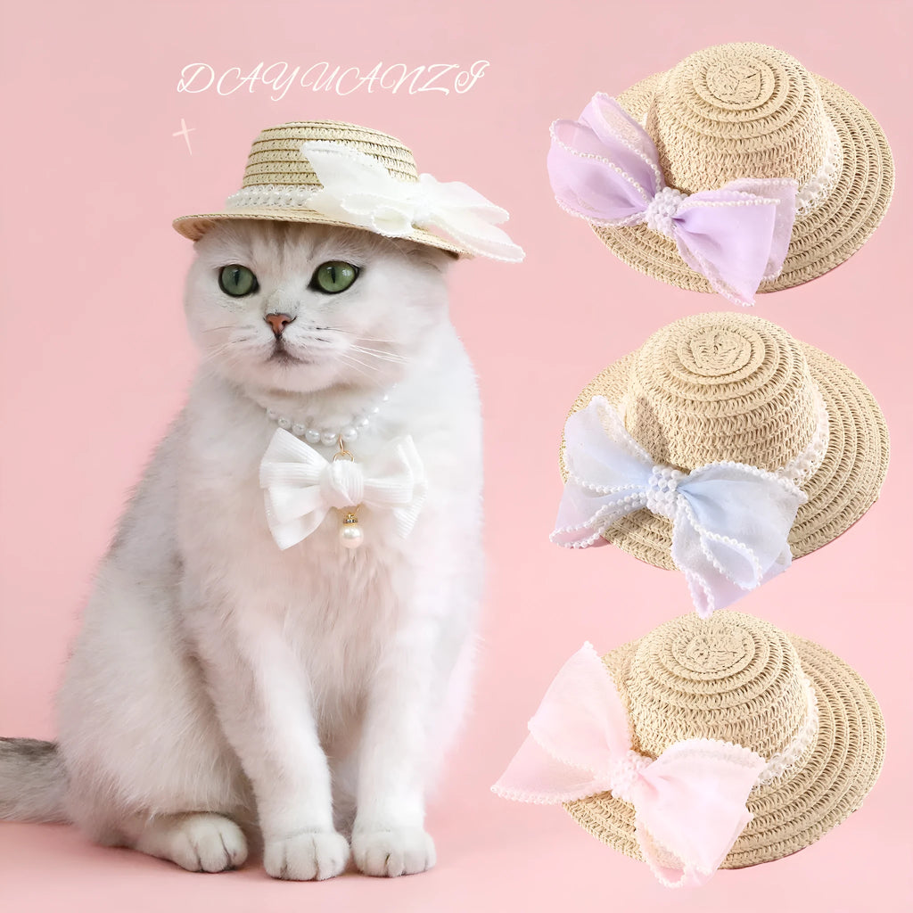 Pet cat wearing a woven Lafite leaf straw hat with a pearl butterfly decoration.