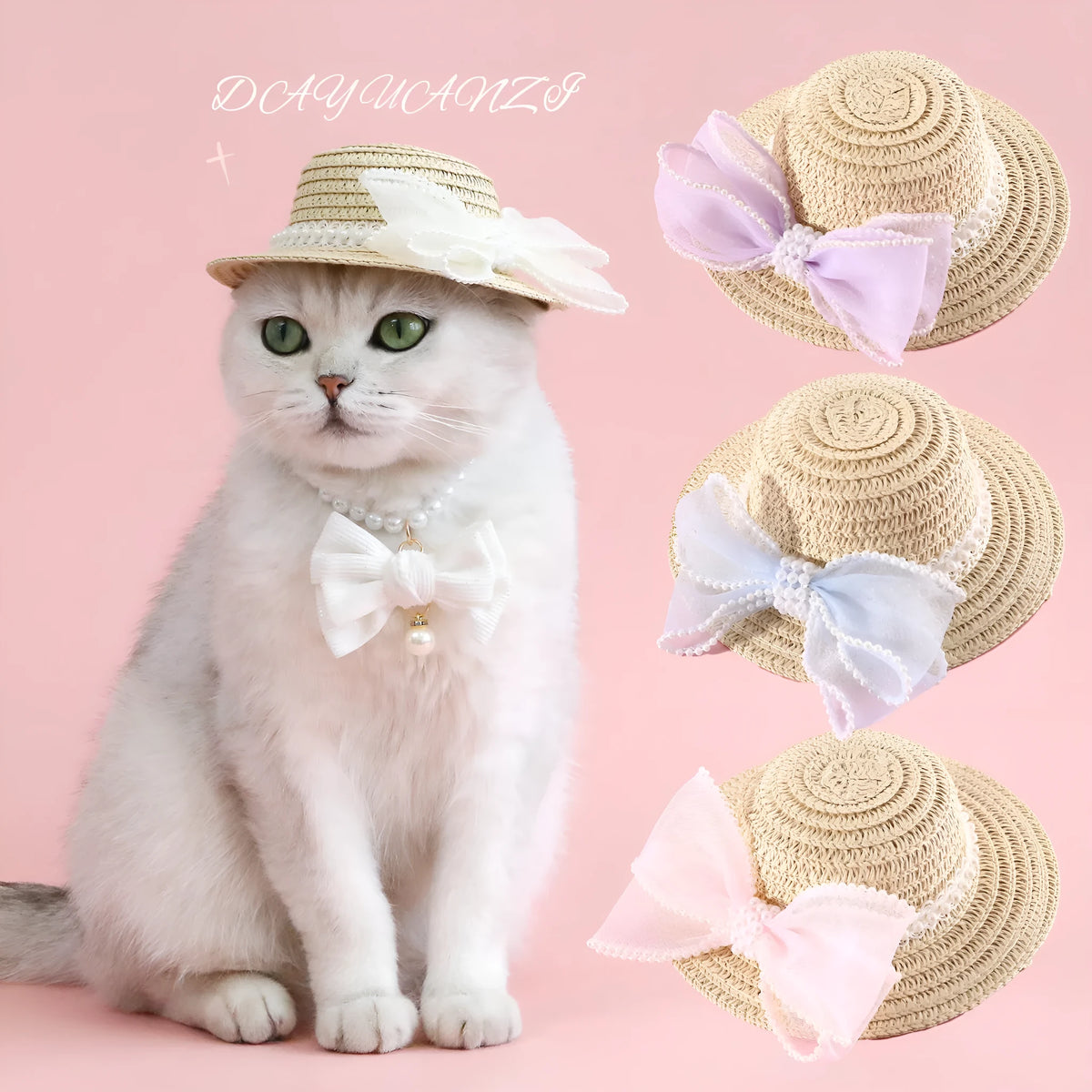 Pet cat wearing a woven Lafite leaf straw hat with a pearl butterfly decoration.