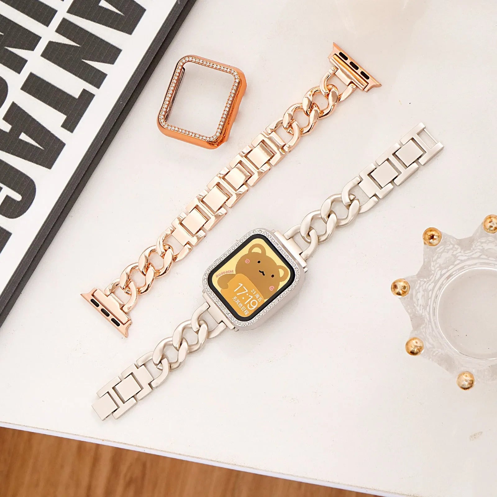 Metal chain link watch strap for Apple Watch in silver gold black rose gold and starlight finishes
