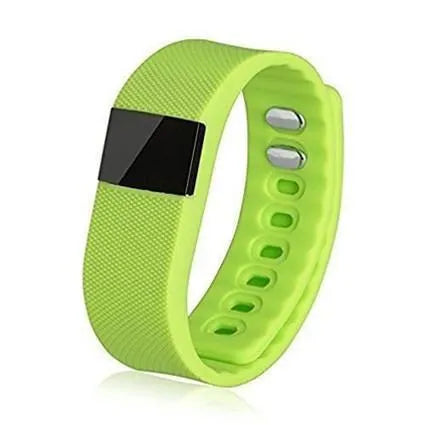 Bracelet pedometer watch in various colours showing digital display tracking steps, distance, calories, and time