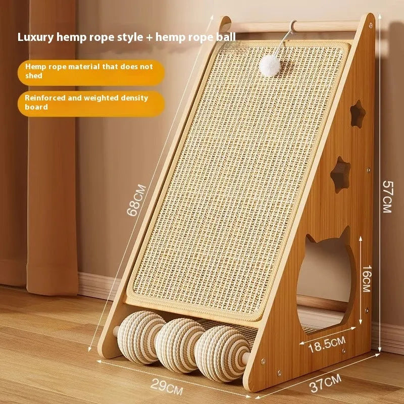 Vertical wall-mounted cat scratch board with hemp rope and attached teasing ball