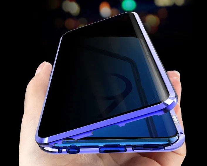 Black anti-peeping magnetic clamshell phone case for Samsung phones shown closed.