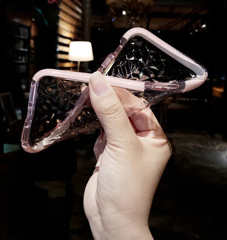 TPU iPhone back cover case with striped pattern, shown in pink edge, white edge, and black border colour options.