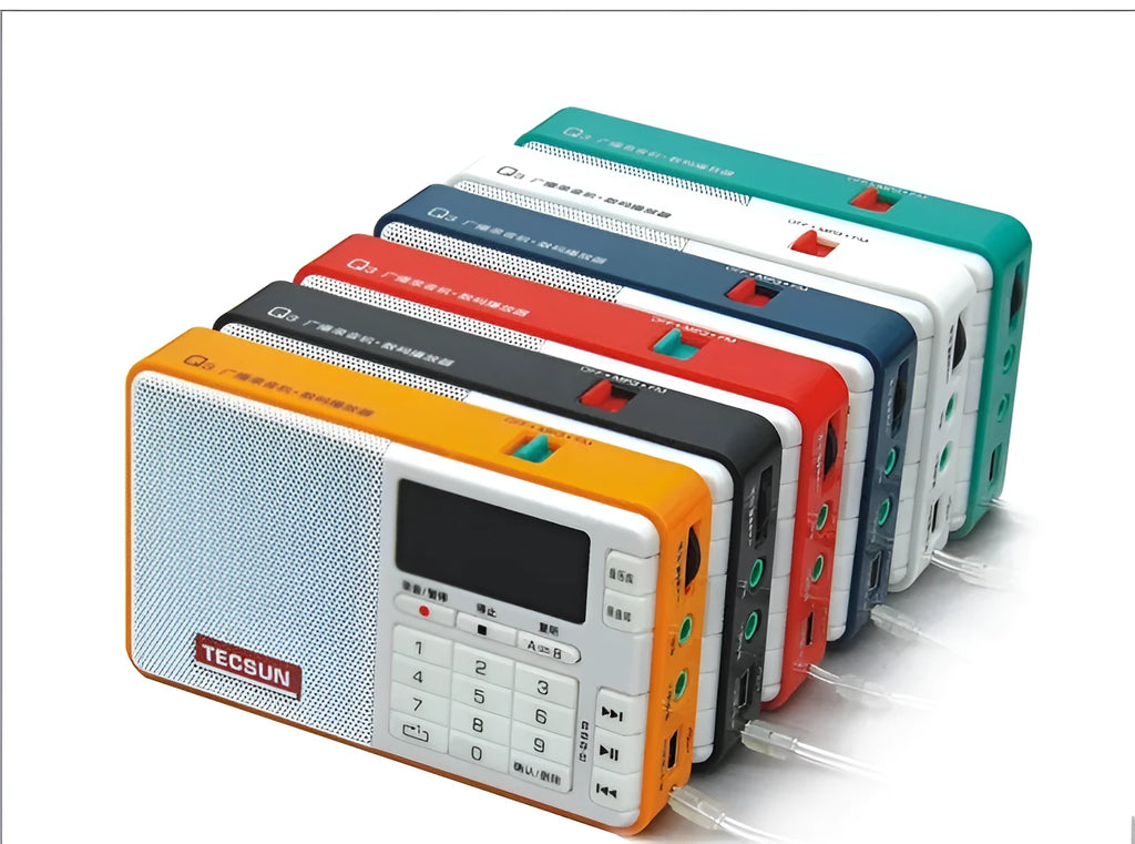 Tecsun Q3 digital audio player and FM radio in multiple colours on a white background.