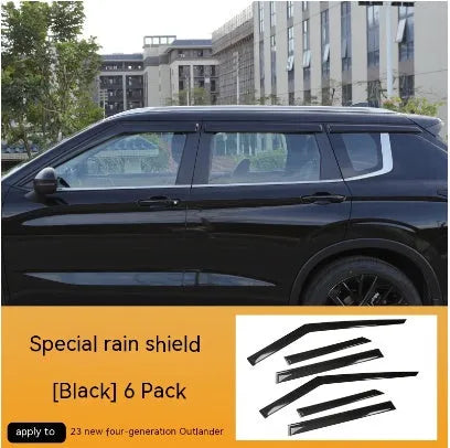 Black engineering plastic window deflectors installed on a silver 2023 Mitsubishi Outlander SUV side windows.