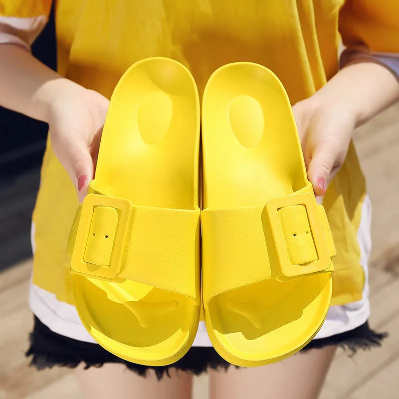 Women's grey blue buckle fastening flip-flop slippers with soft EVA sole