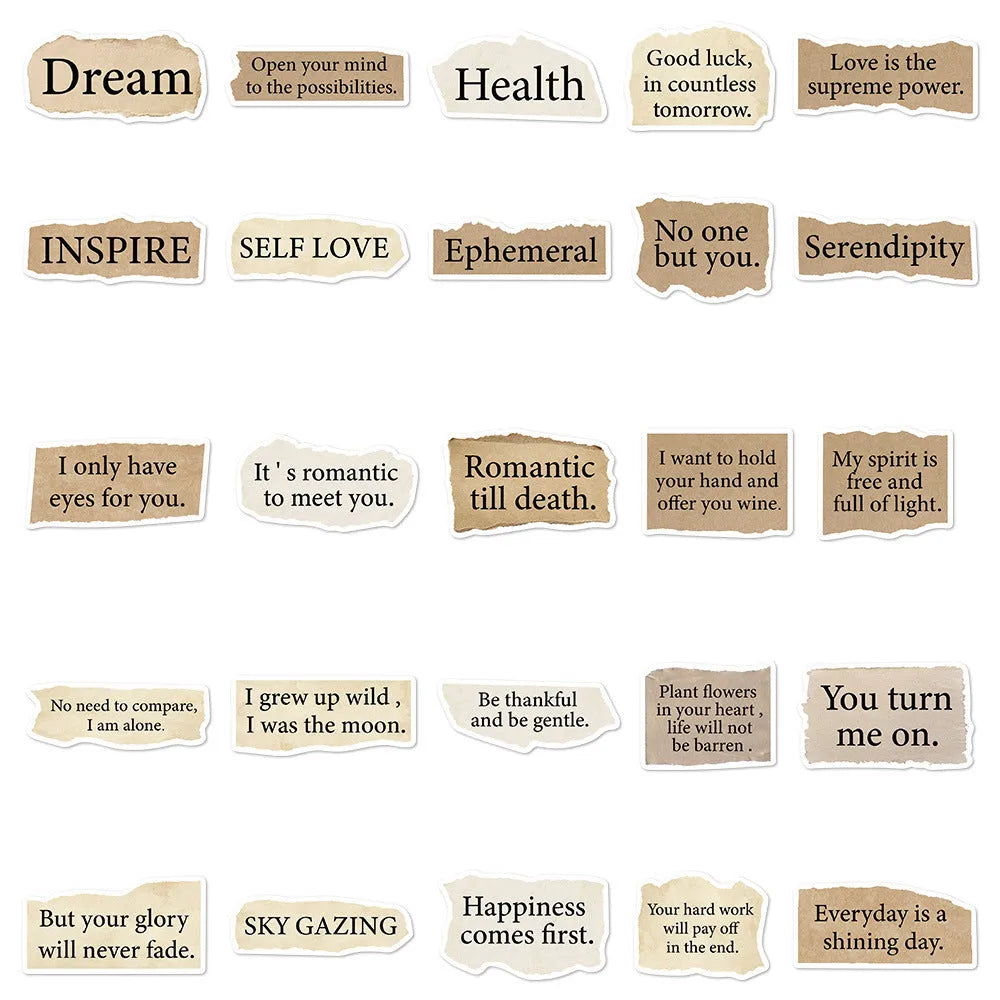 Set of 25 torn paper style English text decorative PVC stickers for laptops and notebooks.