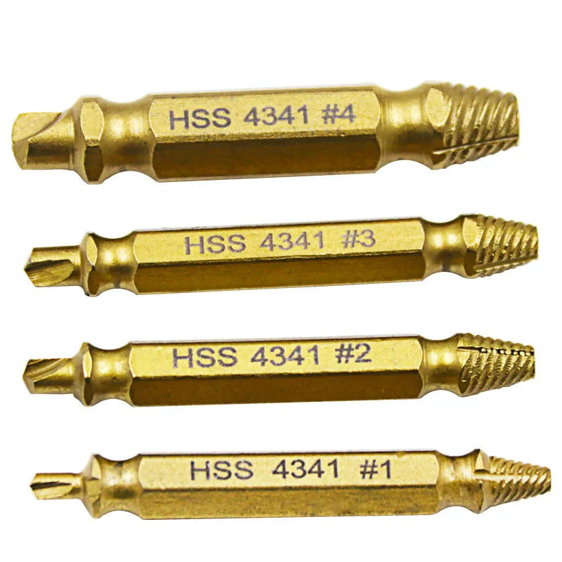Set of five 4341 high-speed steel screw extractors for removing broken bolts and iron nails