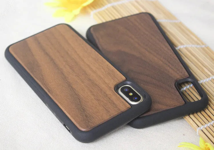 Wooden phone case with TPU bumper for iPhone in bamboo, cherry, rosewood, walnut, and white finishes.