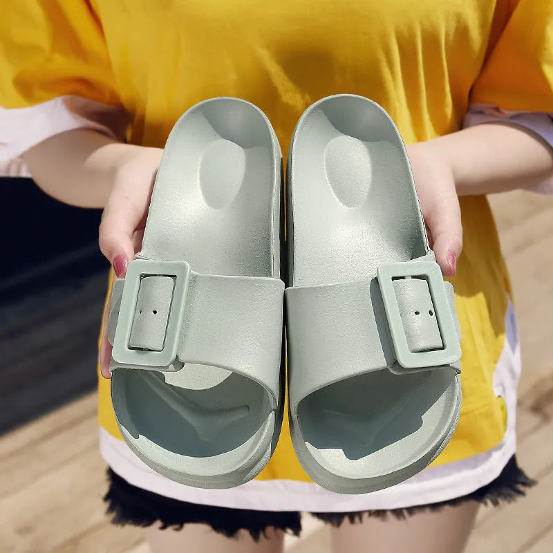 Women's grey blue buckle fastening flip-flop slippers with soft EVA sole