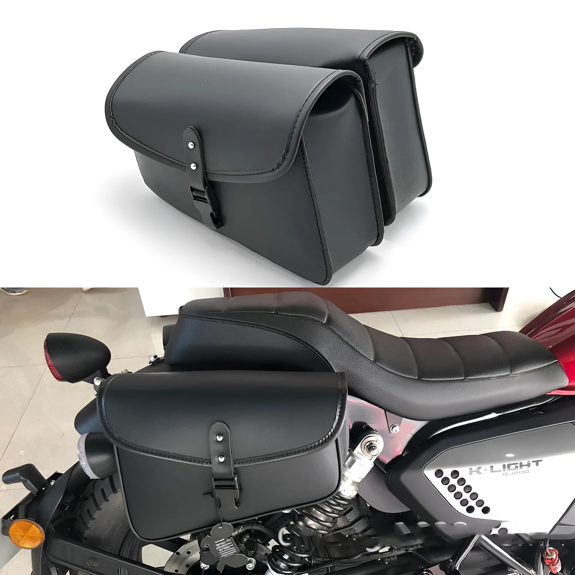 Black PU leather motorcycle swingarm saddlebag mounted on a Harley-Davidson Sportster.
