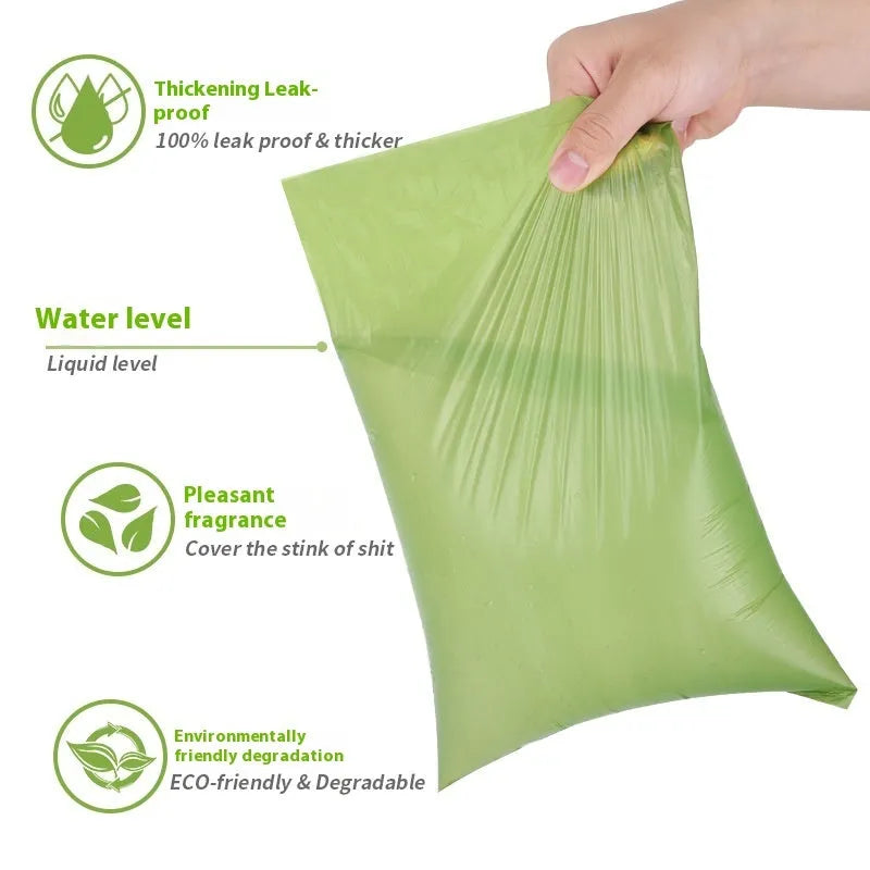 Roll of EPI degradable, thickened pet waste bags in green, shown with a lavender scent or unscented label option.