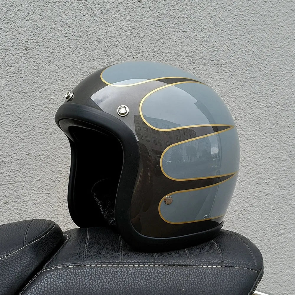 Retro style half motorcycle helmet in glass fibre construction for electric bike commuting