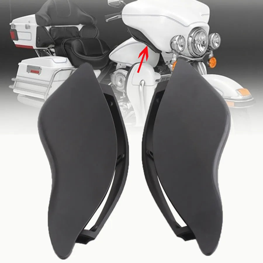 Harley Davidson motorcycle windshield side wings in smoked and black ABS plastic